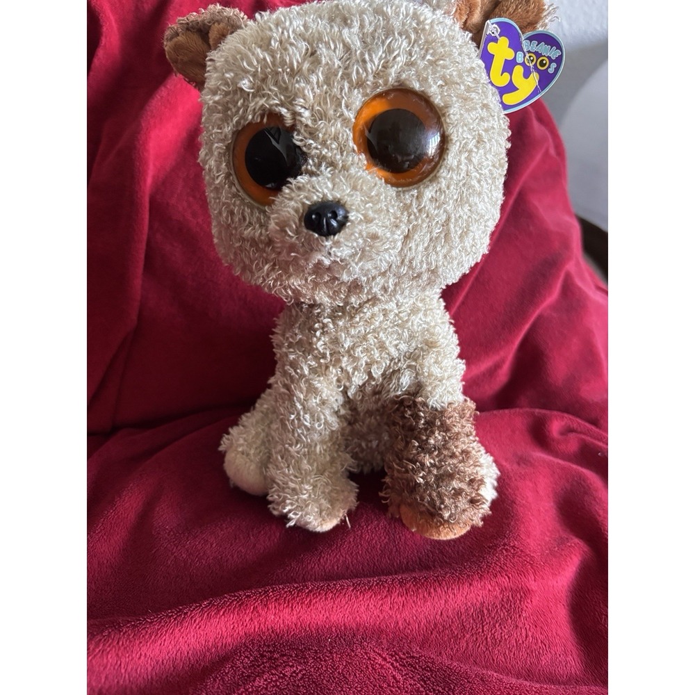 Ty Beanie BOO Rootbeer the Dog 9" Large Brown Eyes Curly Hair Tan Brown Spots
